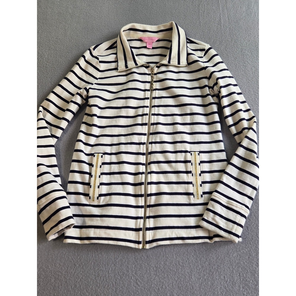 Lilly Pulitzer Zip Up Jacket Women XXS Navy White Striped Gold Bamboo Pull 30675